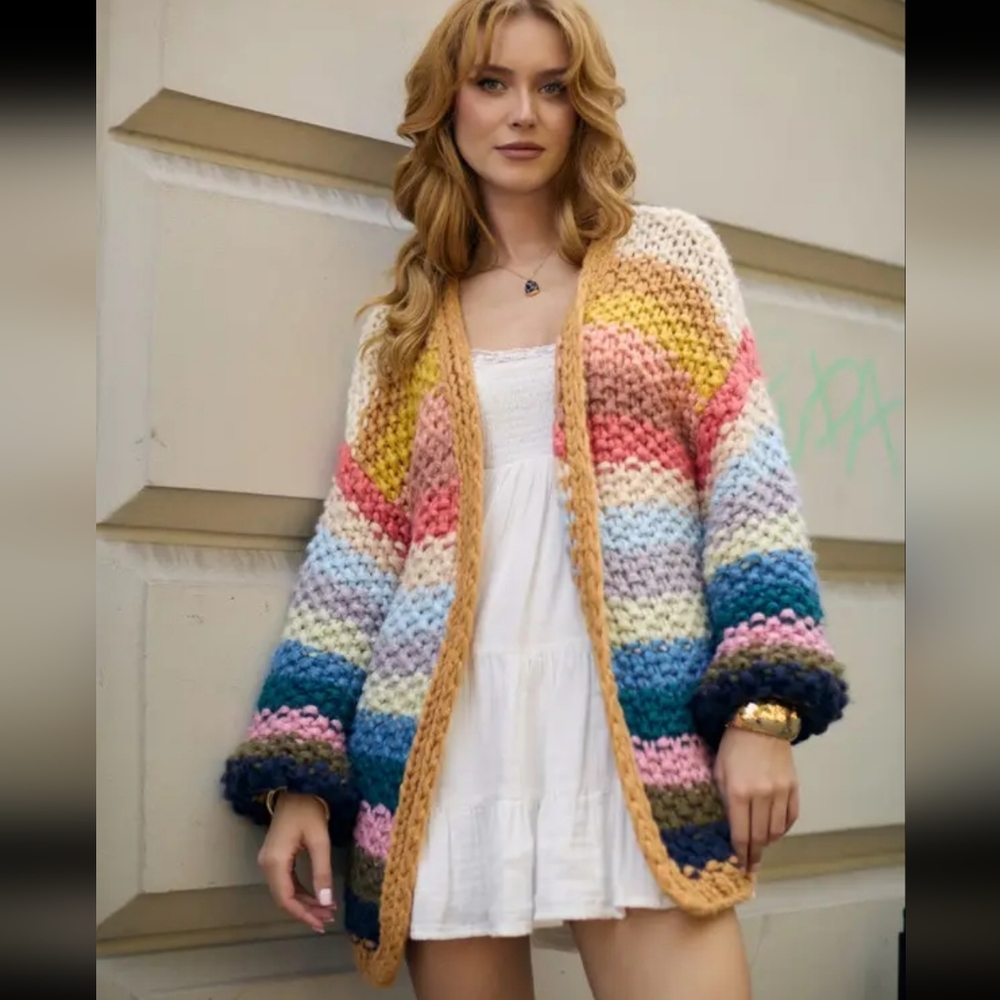 Anthropologie Mayflower Knitted Crochet Cardigan Light Rainbow One Size NIP$250